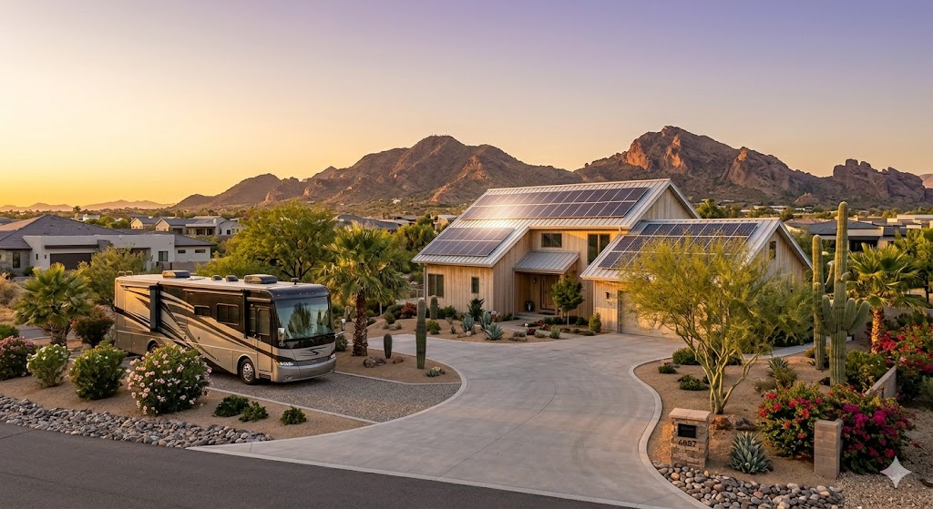 Desert home with clean solar panels and an RV parked in the driveway