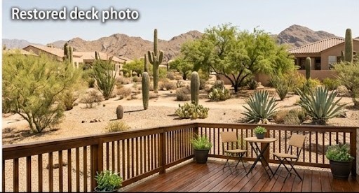 Restored wood deck overlooking a desert landscape