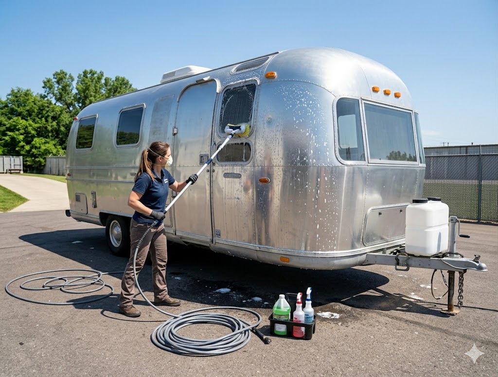 Technician washing the exterior of an Airstream RV