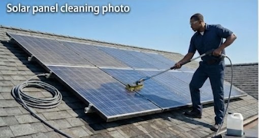 Technician cleaning rooftop solar panels